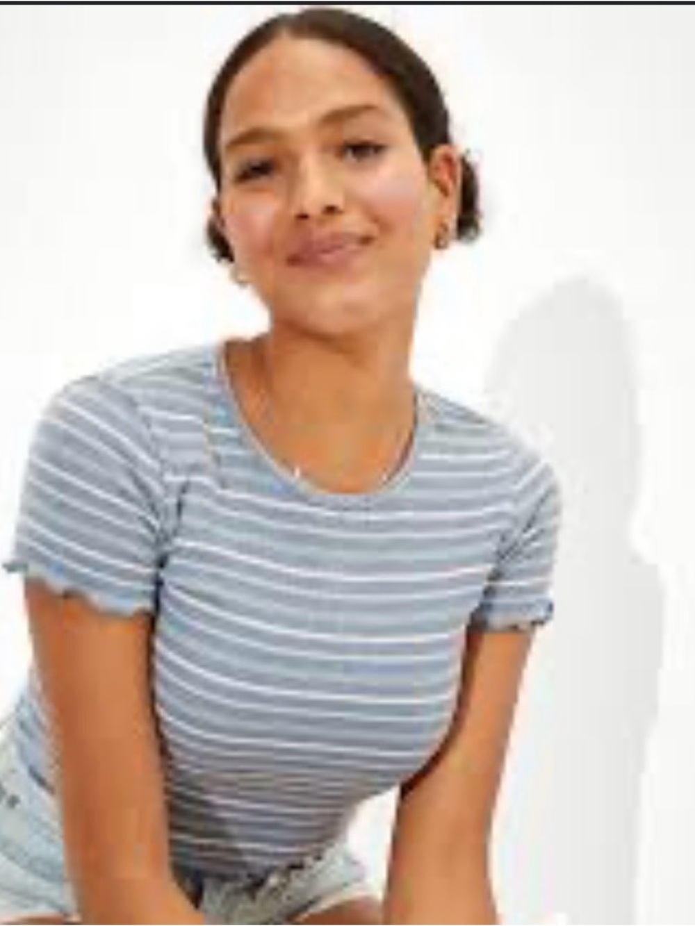 American Eagle Striped Crewneck Ruffle Sleeve Tee - Light Blue & White medium